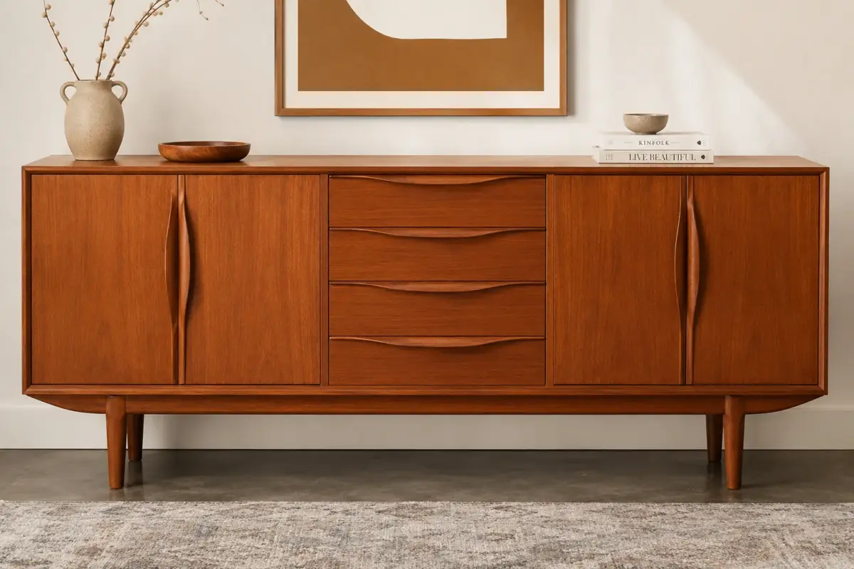Mid-century modern wood credenza with sculpted drawer pulls