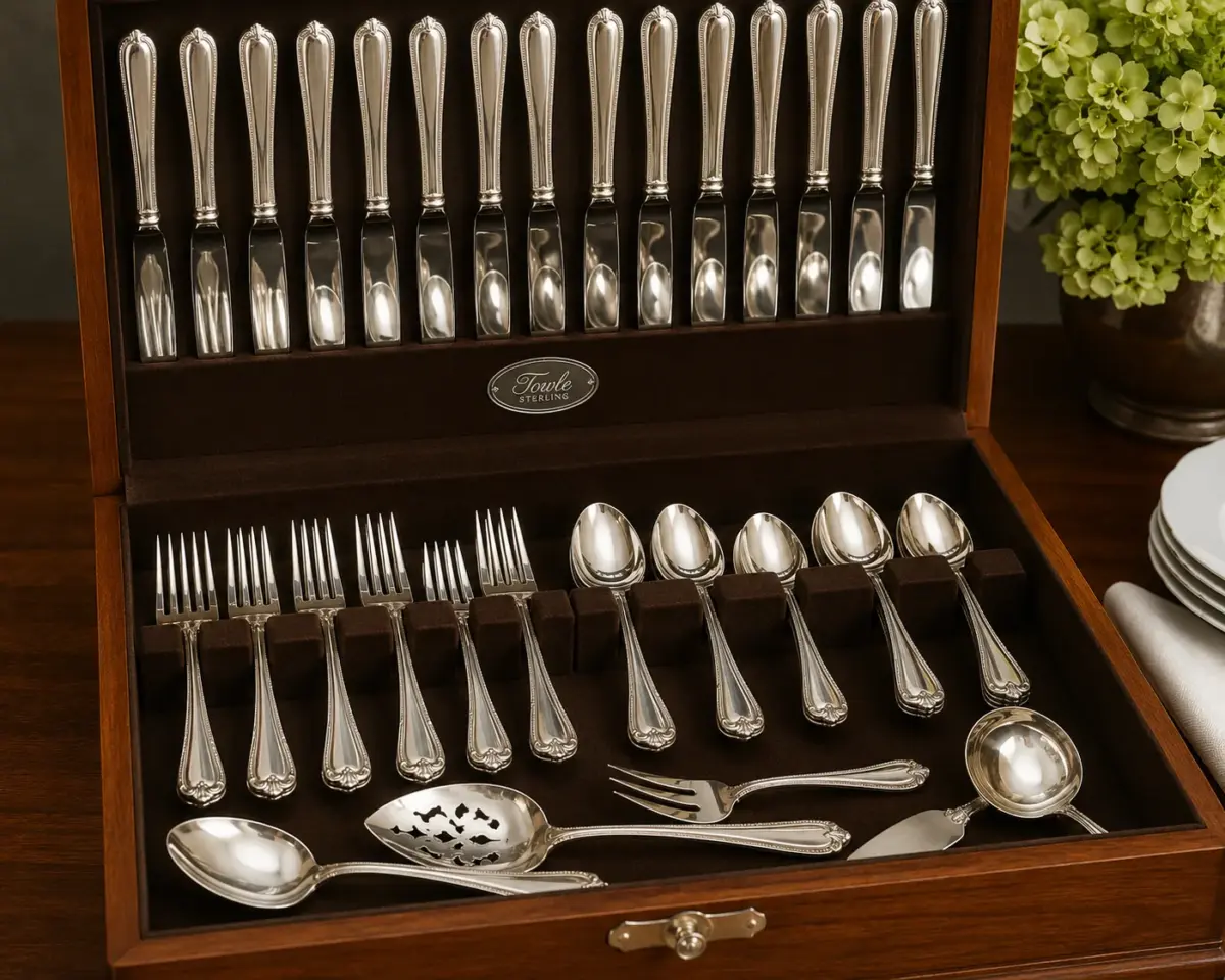Sterling silver flatware set displayed in a wooden case